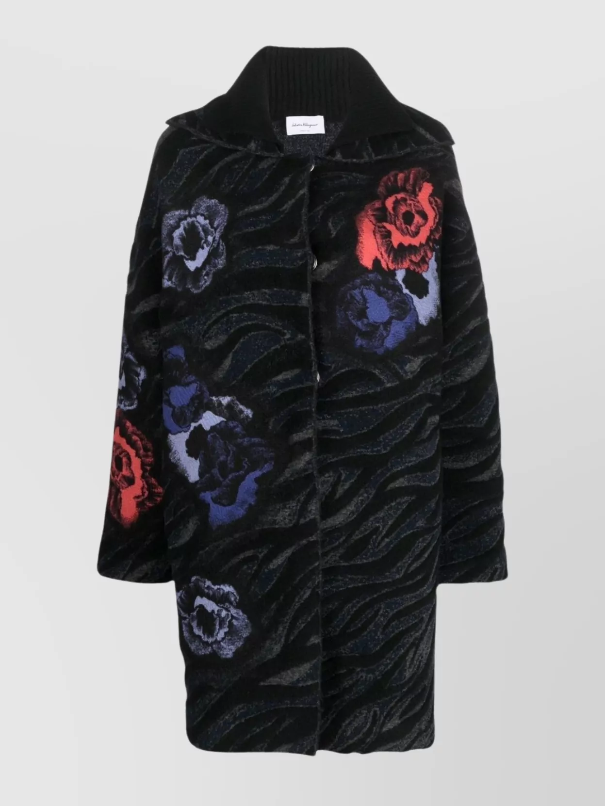 Shop Ferragamo Floral Embroidered Knit Cardigan-coat In Black