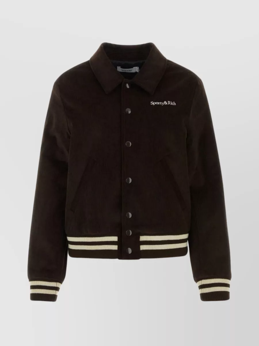 Shop Sporty And Rich Corduroy Bomber Jacket With Contrasting Ribbed Cuffs In Brown