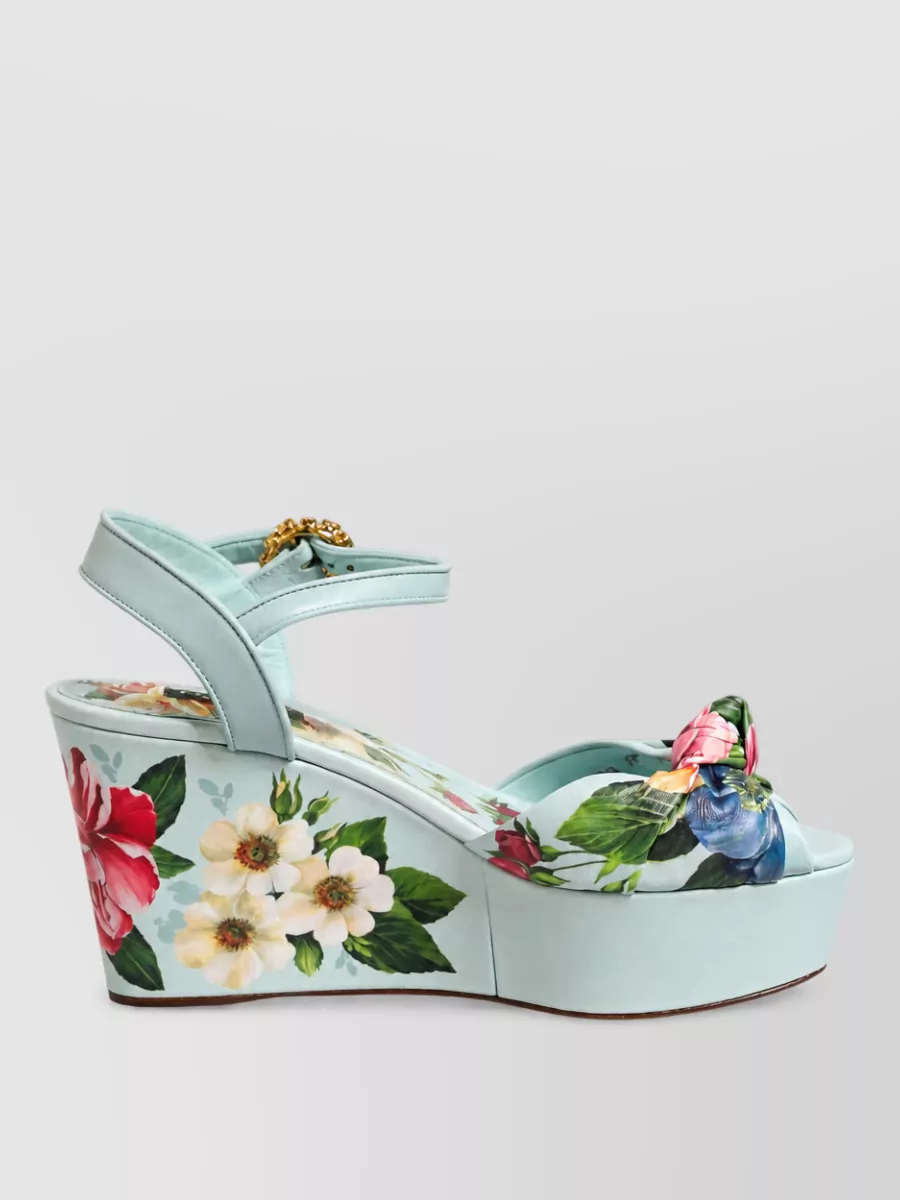 Dolce&Gabbana Leather Floral Ankle Strap Wedge Sandals