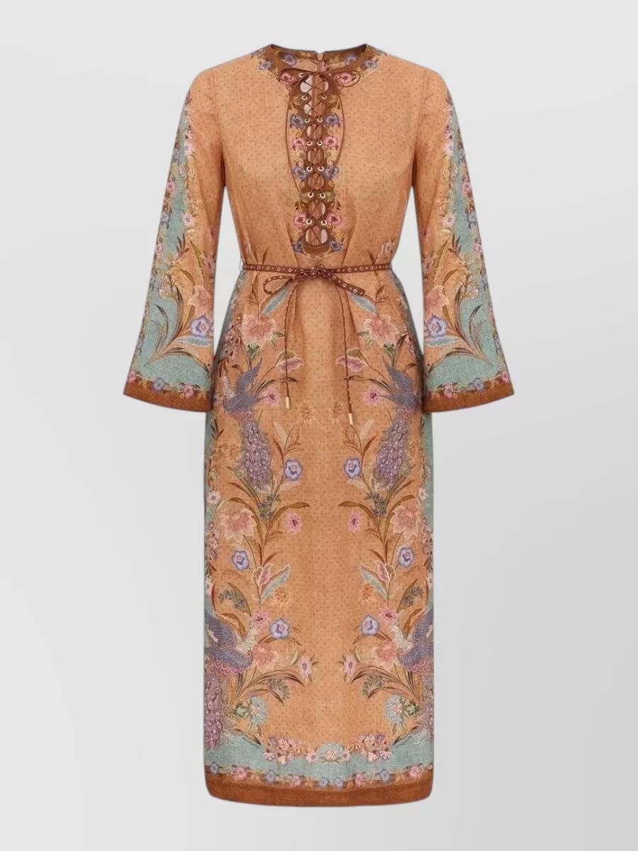 Zimmermann linen floral polka-dot lace-up belted midi dress