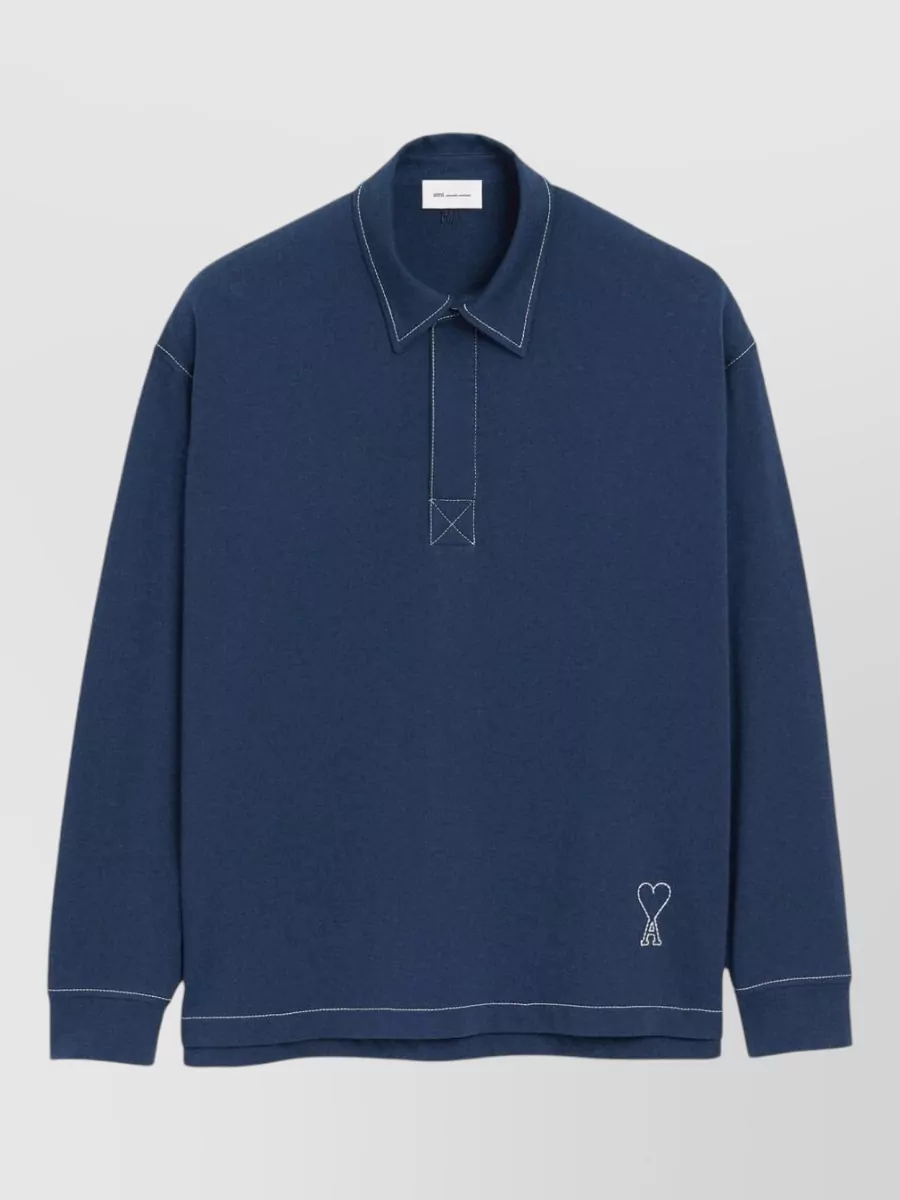 Ami Paris Cotton Long-Sleeve Polo Shirt
