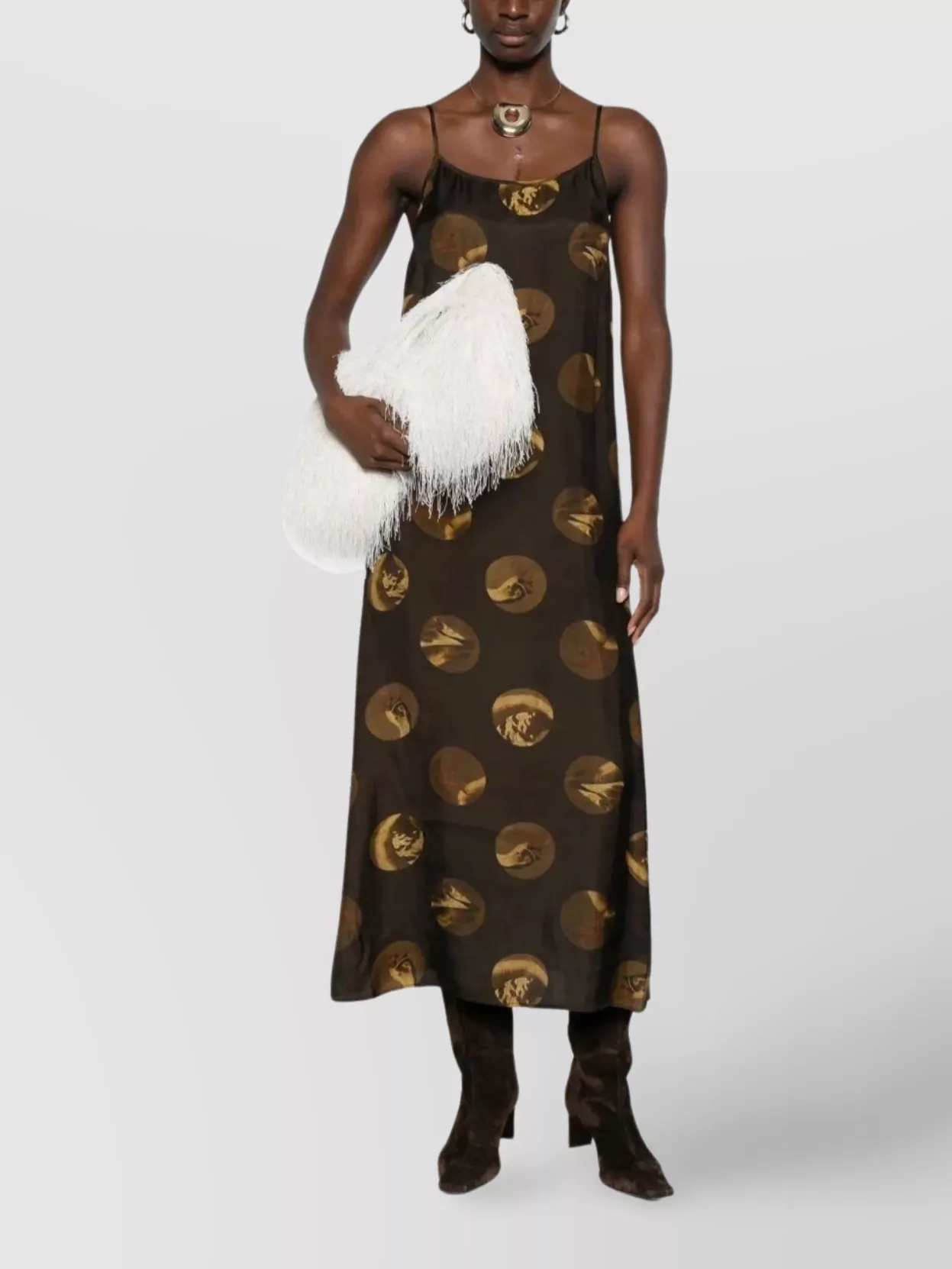Uma Wang Anaya Brown Sleeveless Dress With Round Neck And All-over Motif In Viscose Blend Woman In Multi