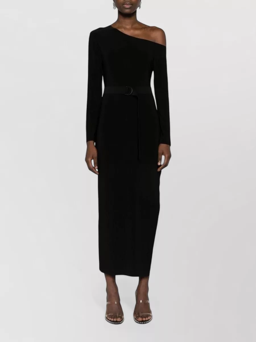 Norma Kamali Boat Neck Drop Shoulder Three Quarter Sleeve Side Slit Column Midi Dress