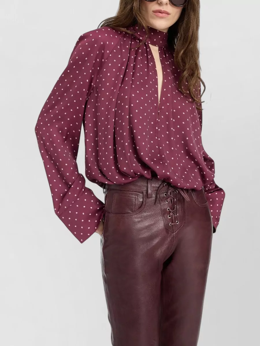 Rotate Polka-Dot Floral-Print Satin High-Neck Blouse