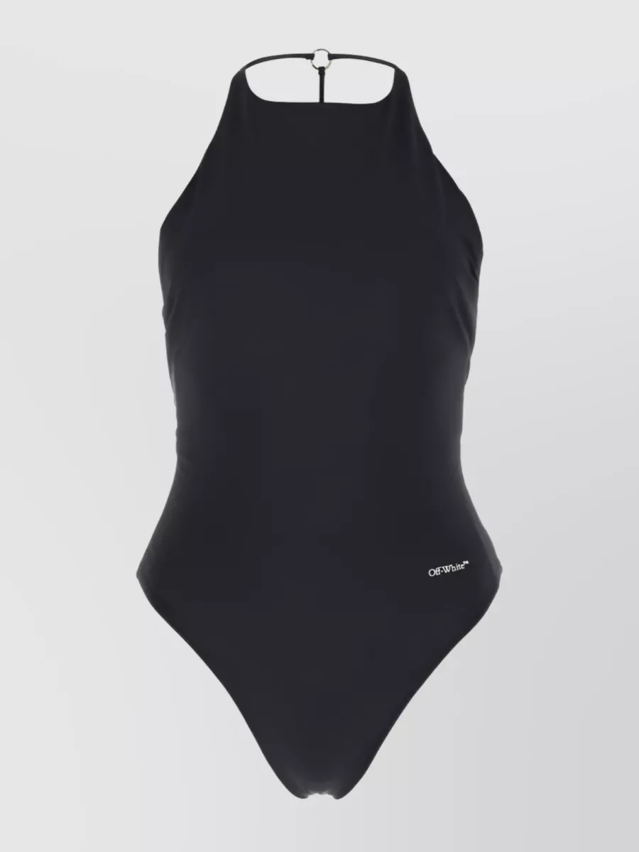 Off-white Contrasting Logo Print Swimsuit With Ring Detail In Black