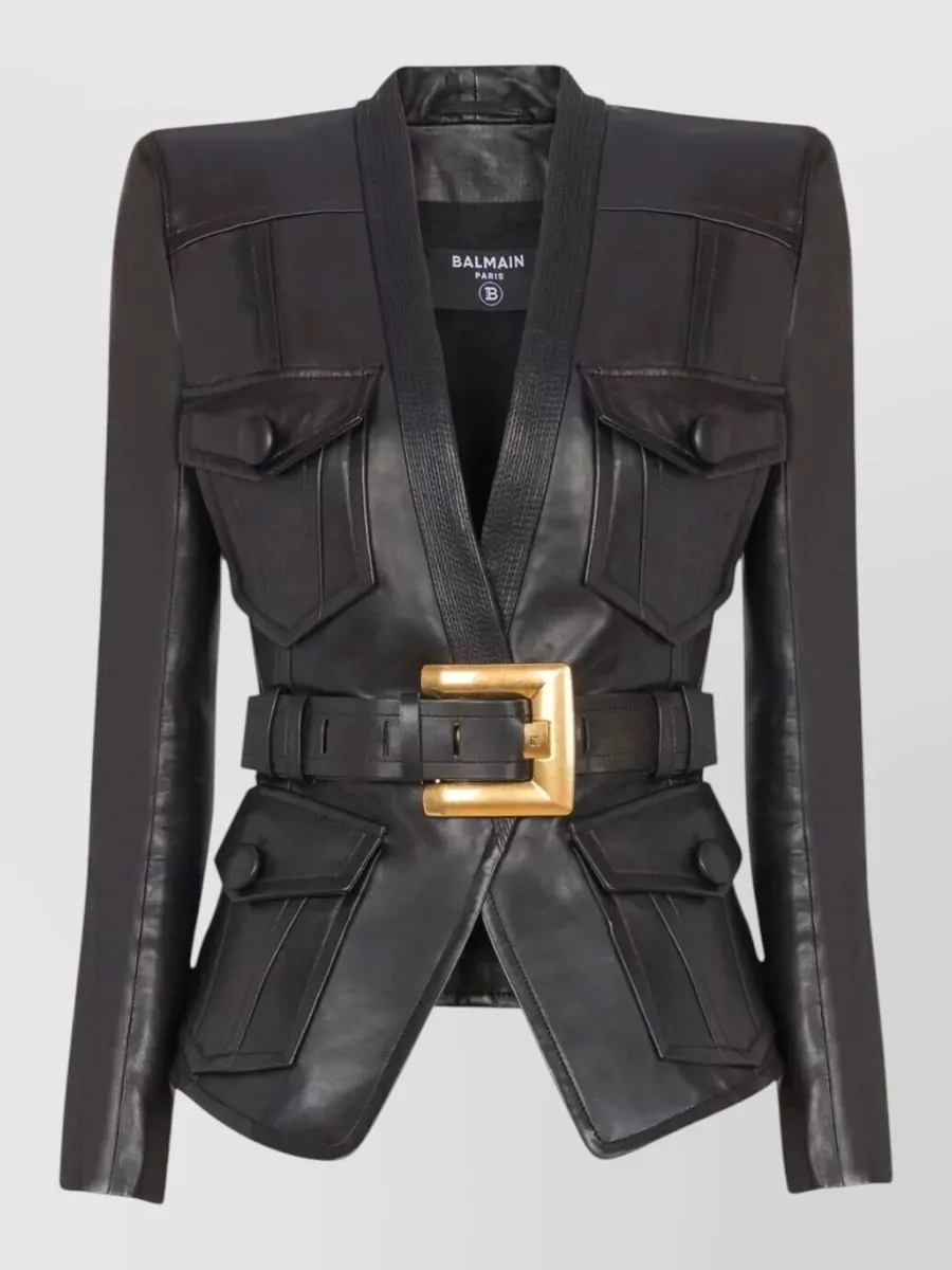 Balmain leather belted fitted jacket