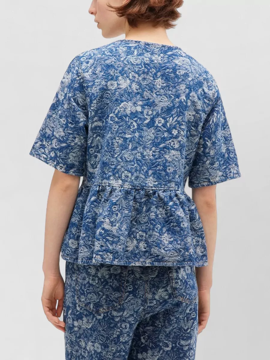Ganni Floral Peplum Blouse Round Neck Short Sleeves