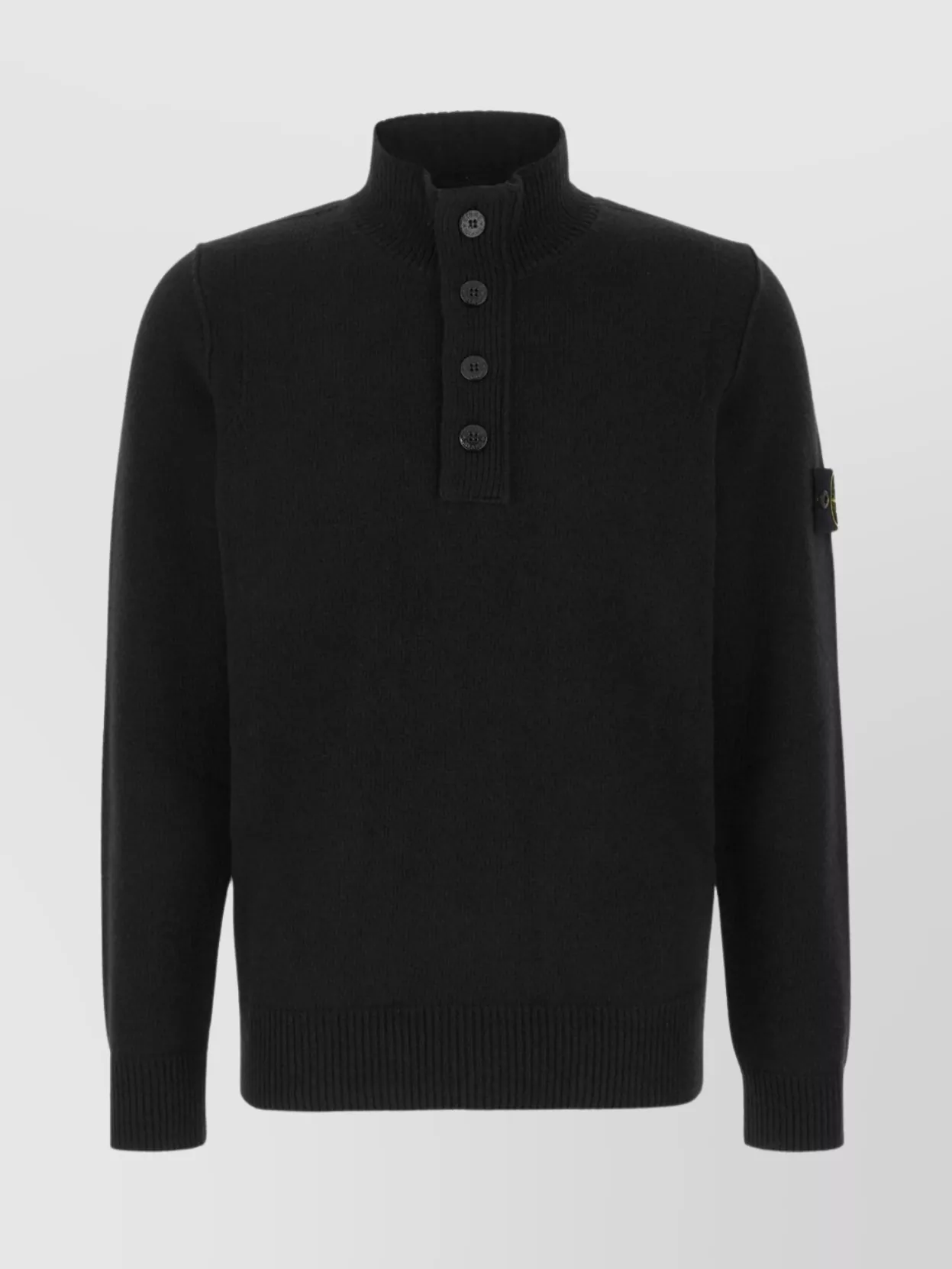 Stone Island High Collar Pullover With Buttoned Placket And Logo Patch In Black