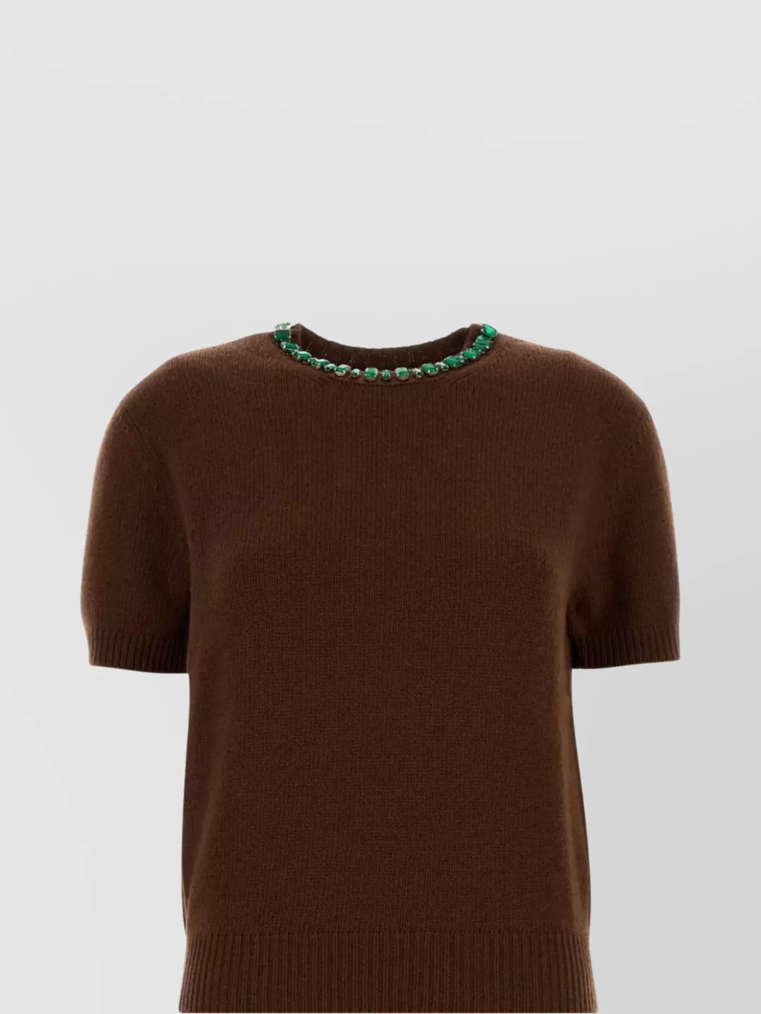 Prada Knit Sweater Embellished Neckline In Brown