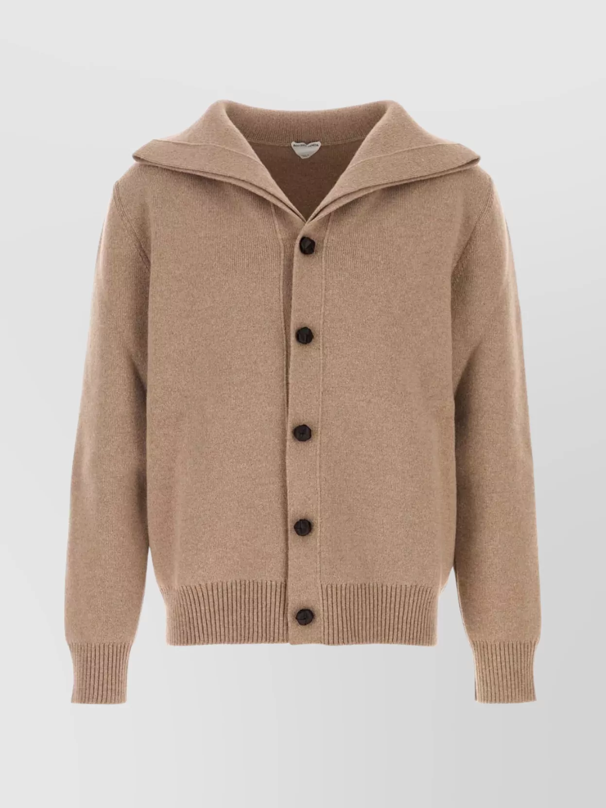Bottega Veneta Wool Cardigan With Folded Collar And Ribbed Cuffs In Brown