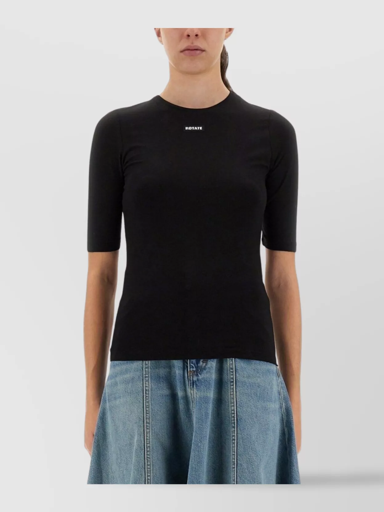 Rotate Birger Christensen Crew Neck Short Sleeves Stretch Fit Top In Black