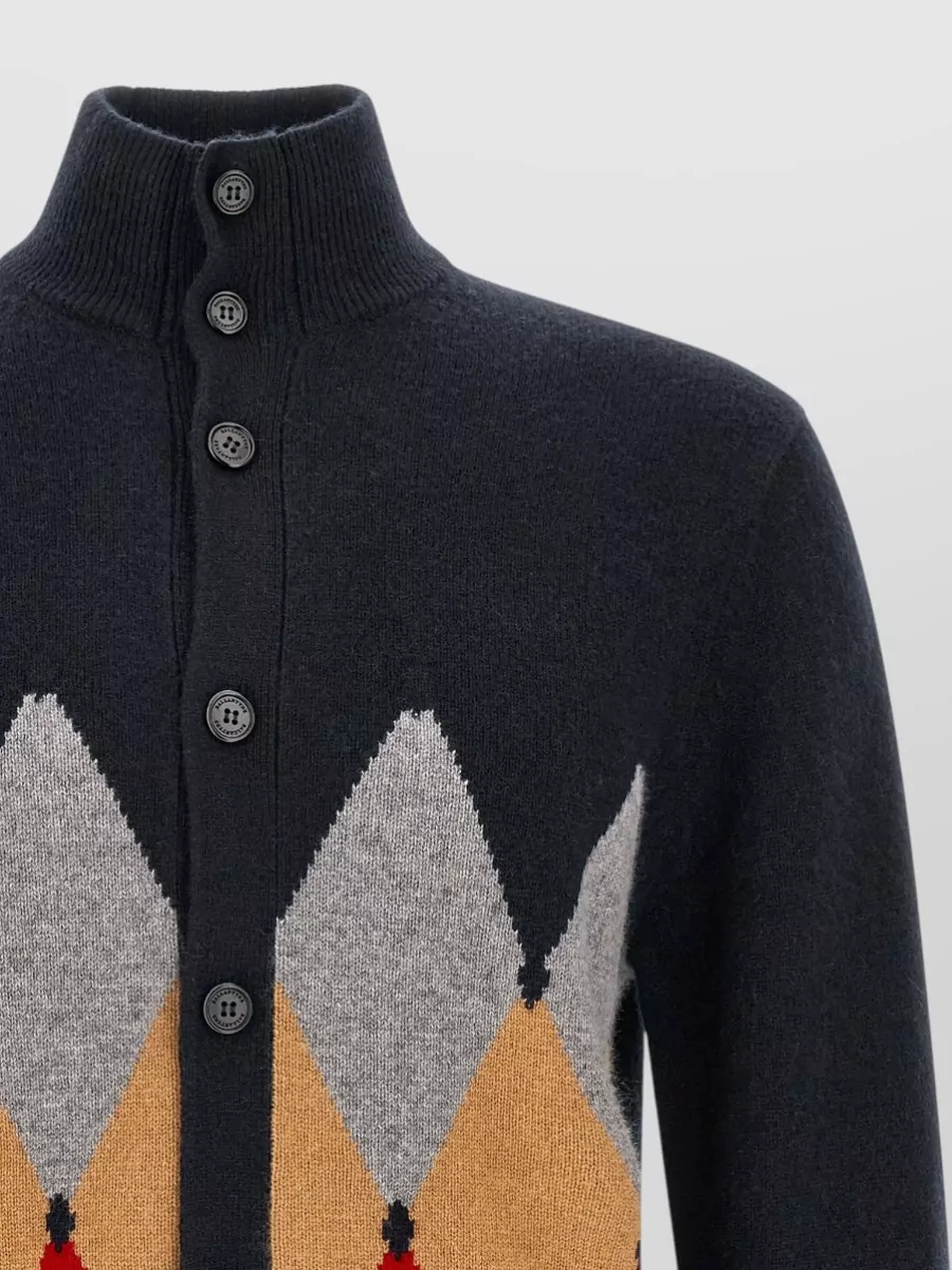 Ballantyne Cashmere Ribbed High-Neck Diamond-Intarsia Cardigan