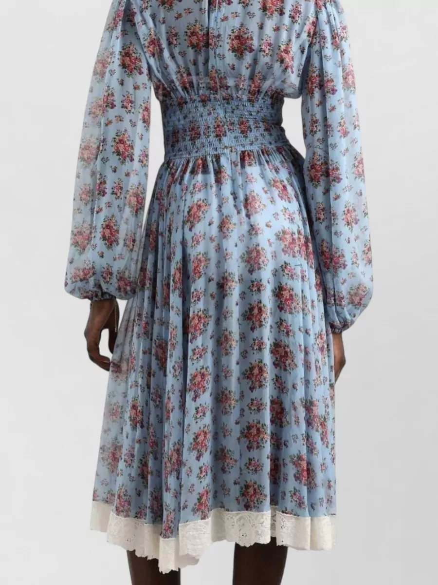 Dolce&Gabbana Silk Floral-Print Gathered Knot-Detail Lace-Trim Long-Sleeve Midi Dress