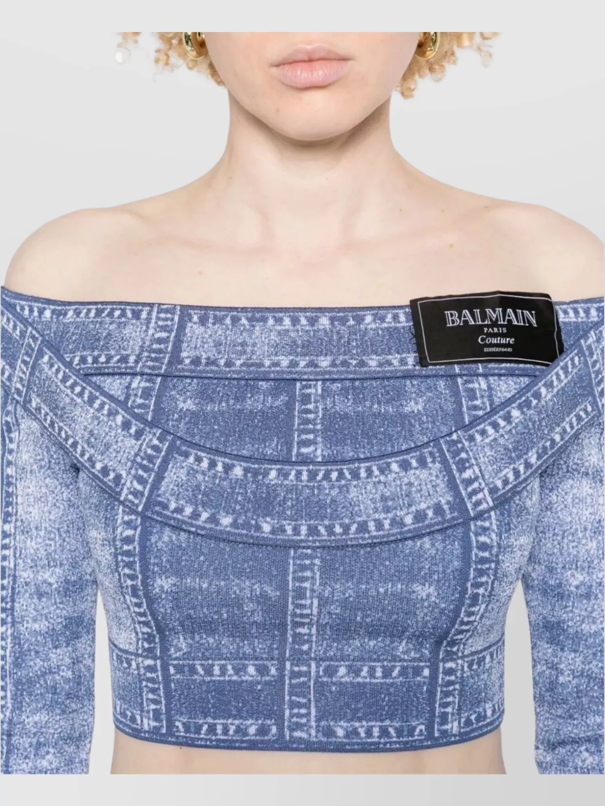 Balmain Denim Print Off-Shoulder Cropped Top