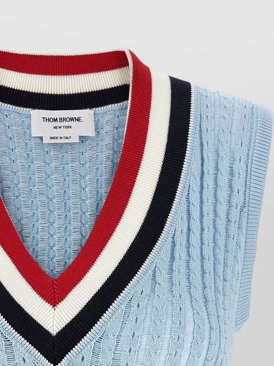 Thom Browne Crochet Cotton V-Neck Ribbed Hem Cropped Vest