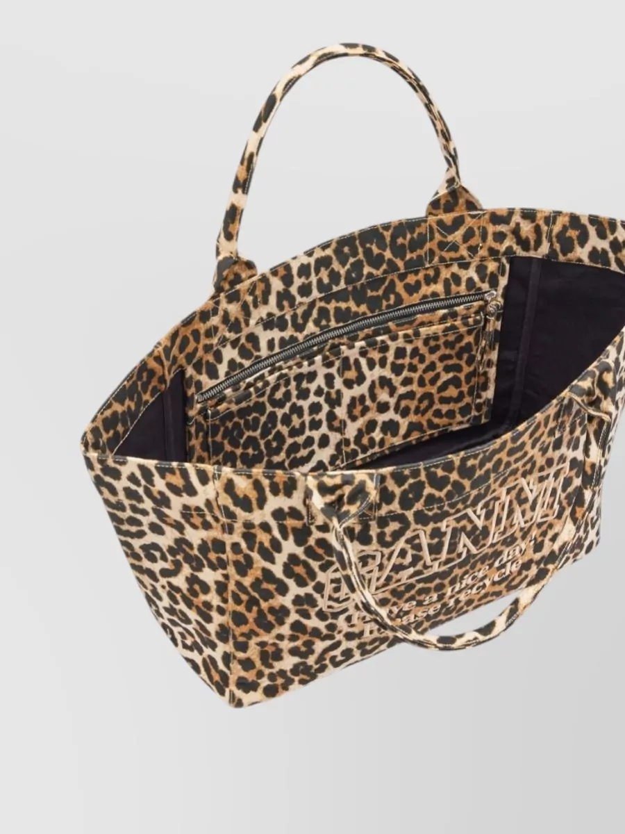 Ganni Medium Tote Bag Leopard Print Top Handle