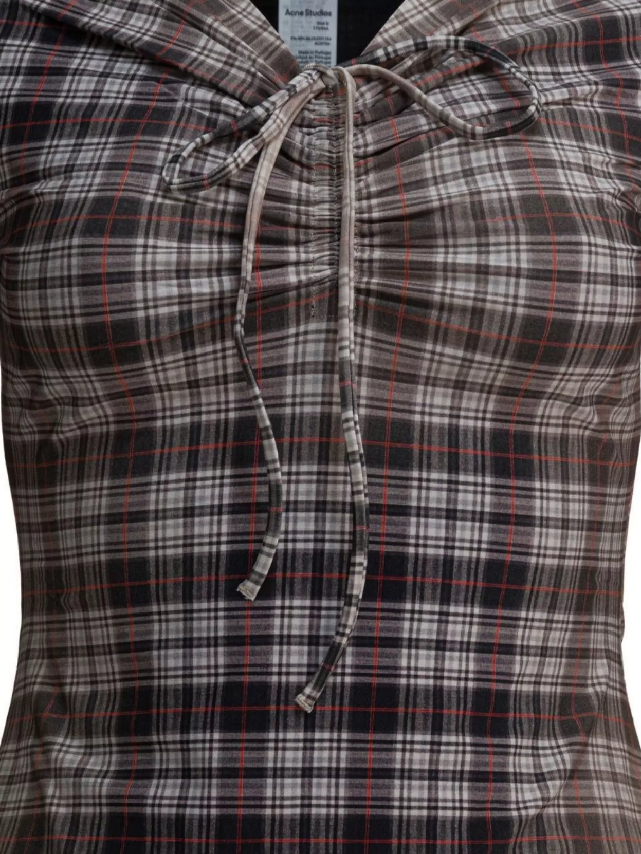 Acne Studios Long Sleeve Fitted Plaid T-shirt With Drawstring In Brown