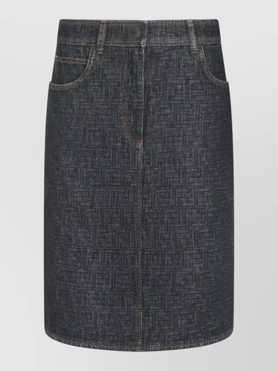 Fendi Flared Midi Denim Skirt With All-over Quilted Ff Motif Clothing In Blue
