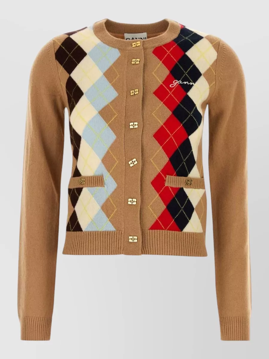 Ganni cashmere blend diamond pattern crew neck long-sleeve cardigan