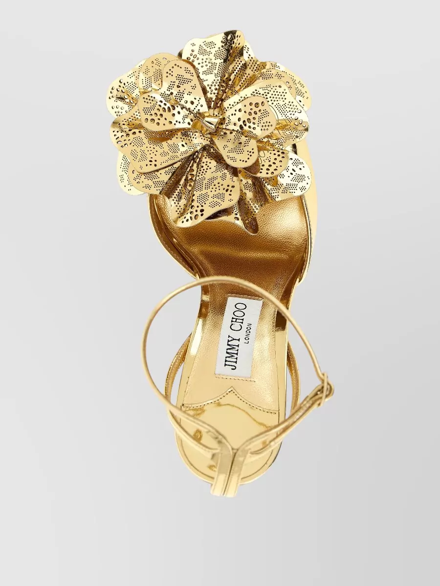 Jimmy Choo Mimmi Sandals Floral Embellishment Metallic Finish Open Toe