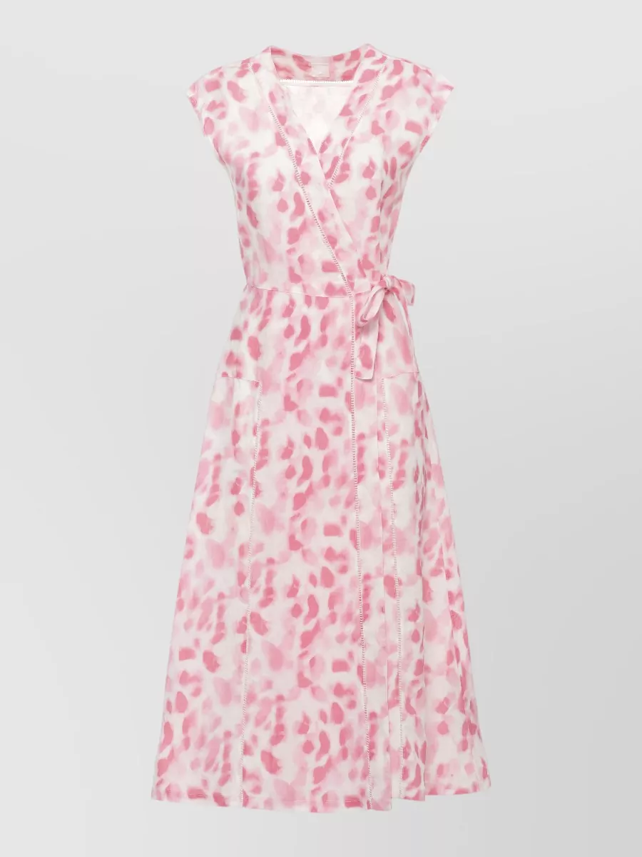 120% Lino Linen printed sleeveless v-neck cutout midi dress