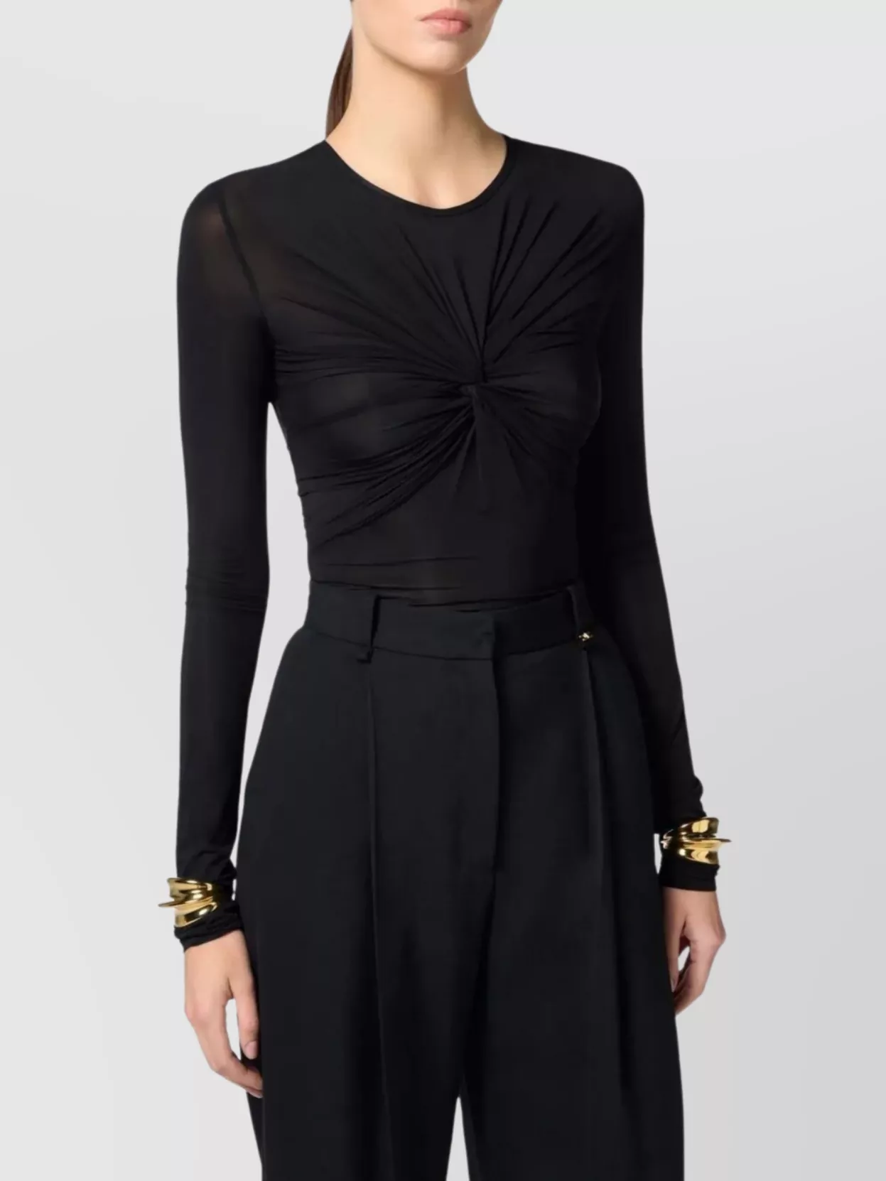 Elisabetta Franchi Sheer Crew Neck Top With Ruched Detail