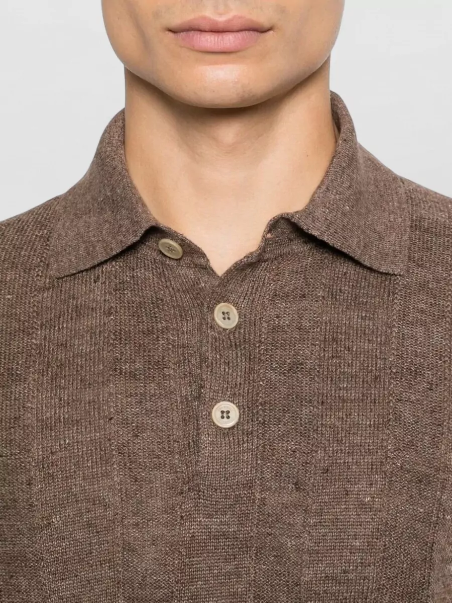 Brunello Cucinelli Linen Blend Rib Knit Polo Shirt