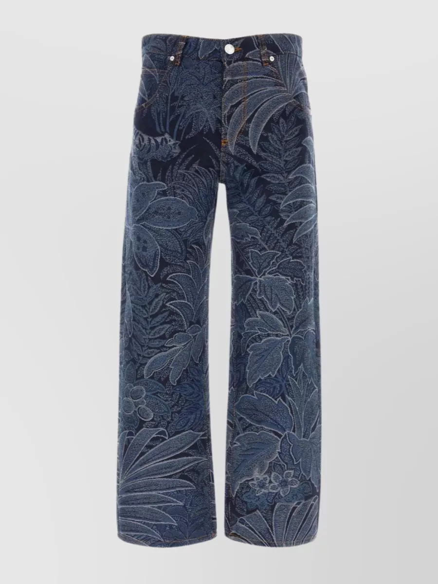 Shop Etro Denim Jeans With Embroidered Foliage Motif In Blue