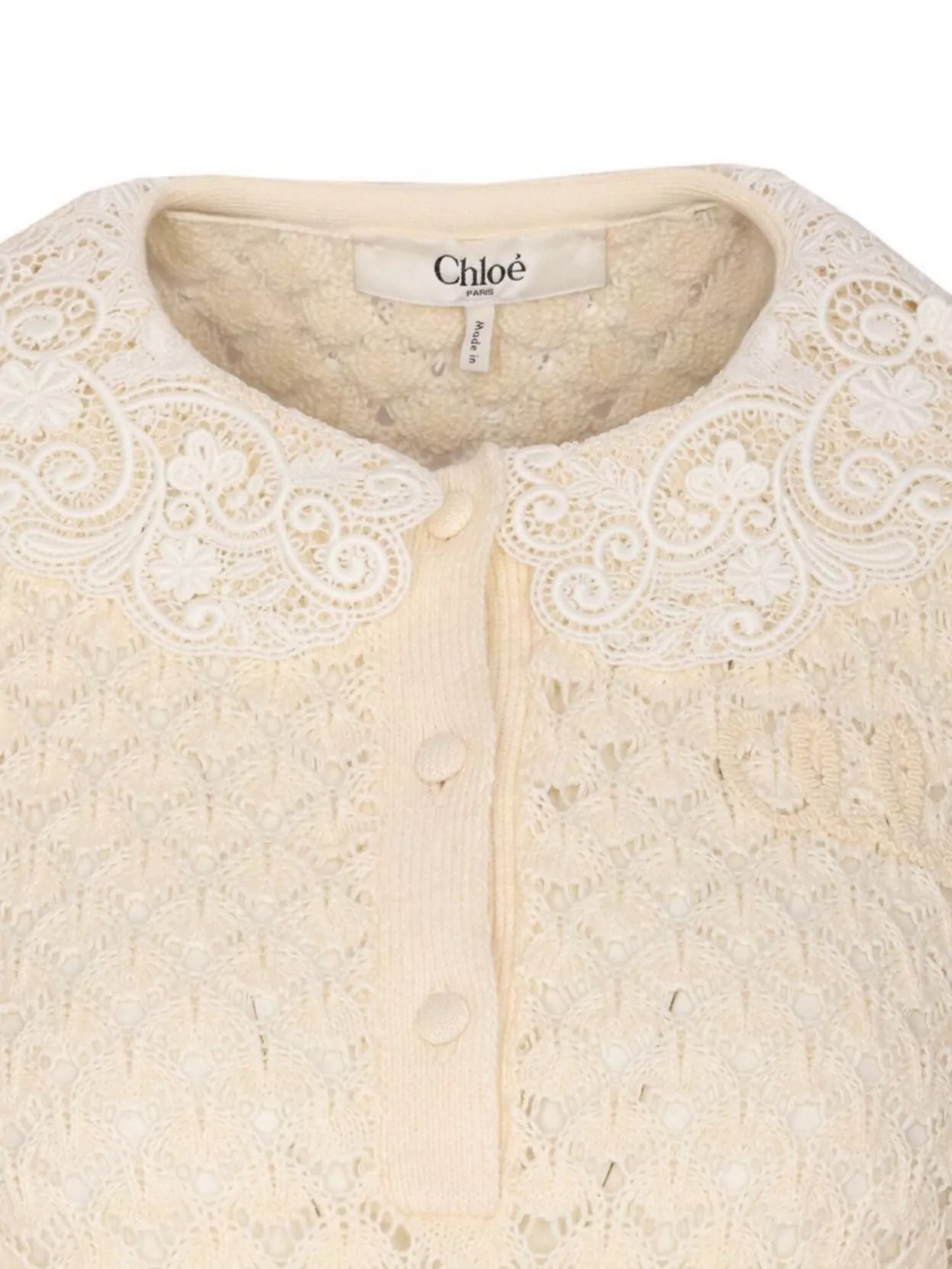 Chloé Textured Knit Crewneck Lace Collar In Neutral