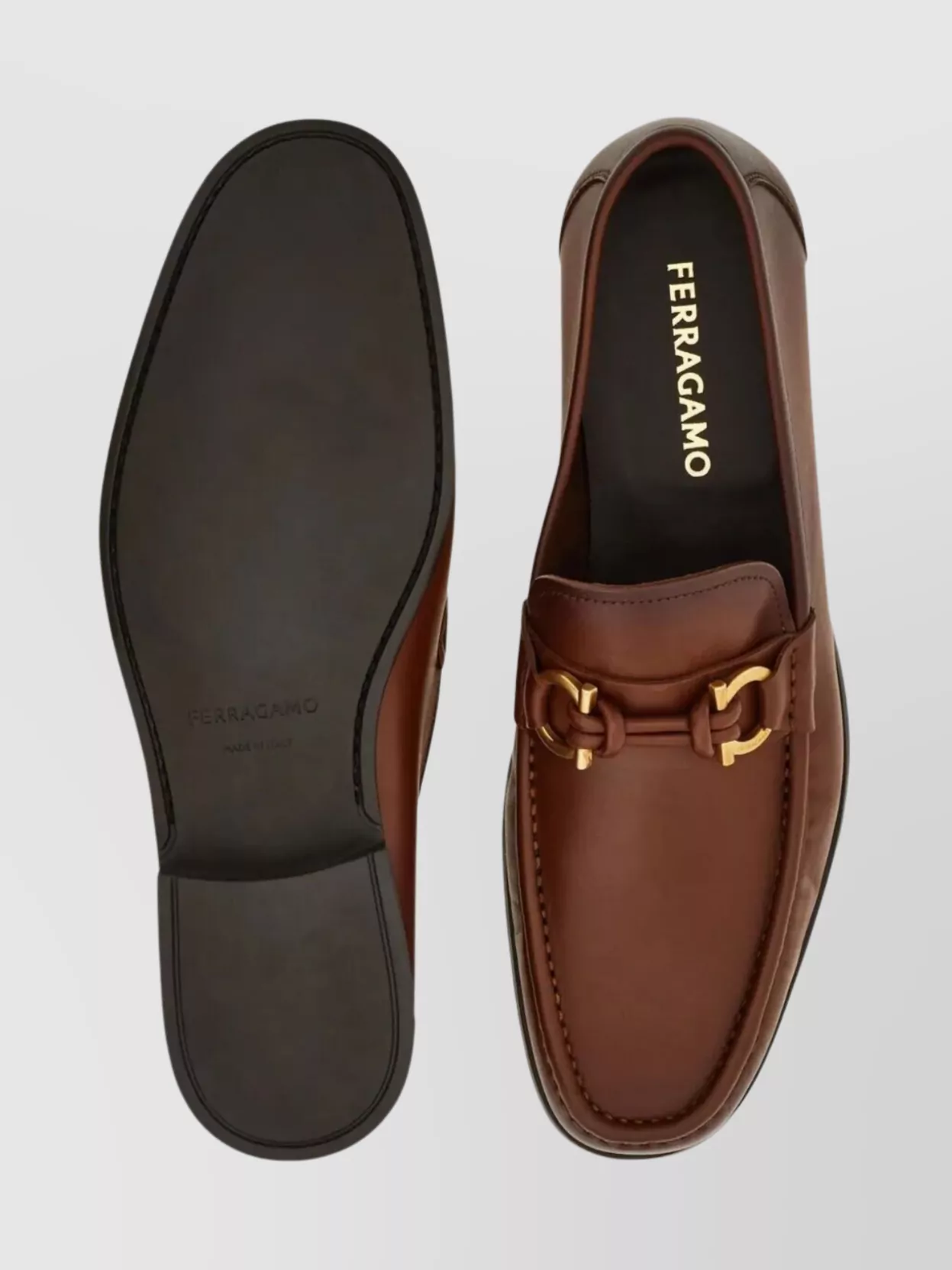 Ferragamo Alain Leather Loafers Gold-Tone Hardware Round Toe
