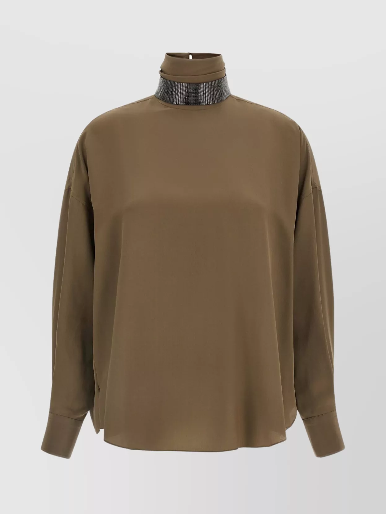Brunello Cucinelli Silk Blouse With High Collar And Keyhole Back In Brown