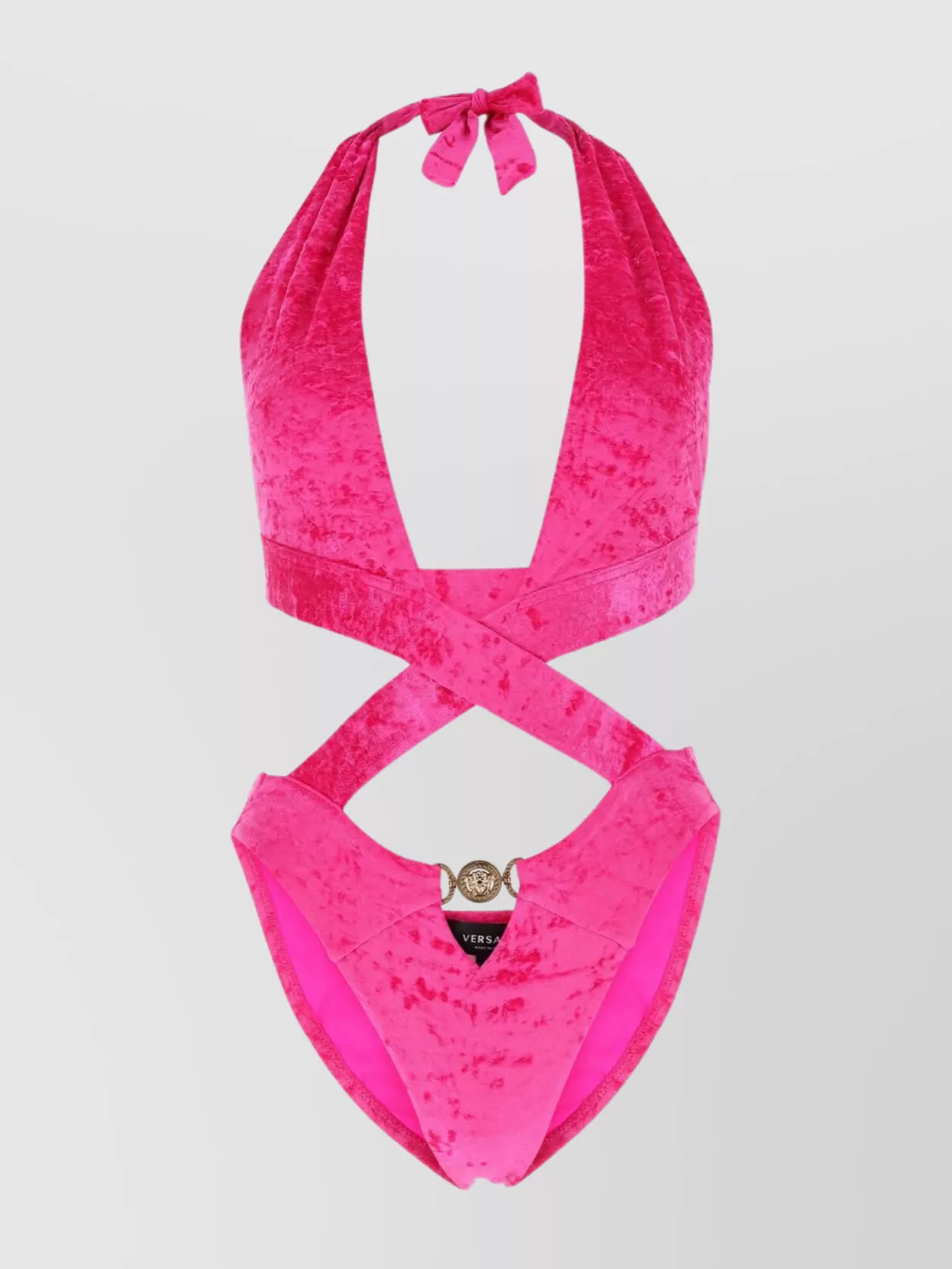 Shop Versace Velvet Backless High-leg Trikini In Pink