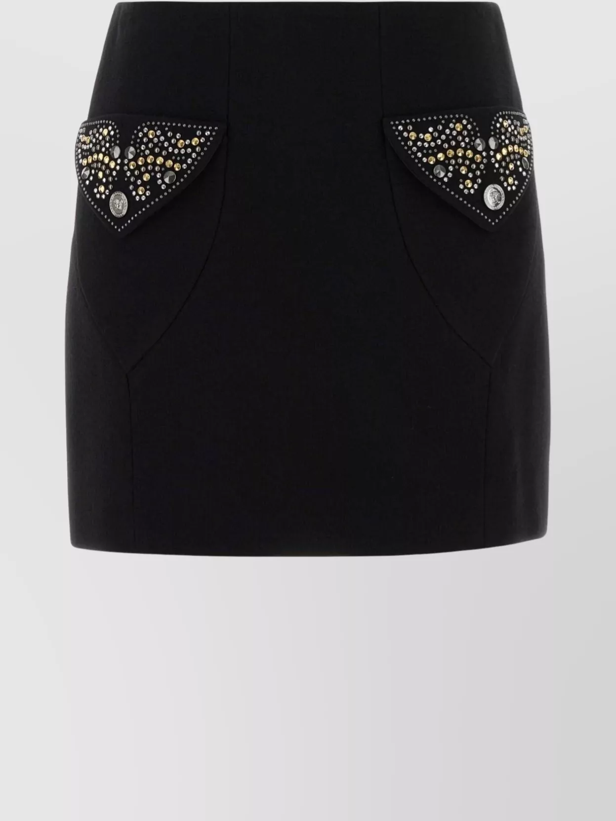 Versace Chic Fitted Mini Skirt With Embellished Pockets In Black