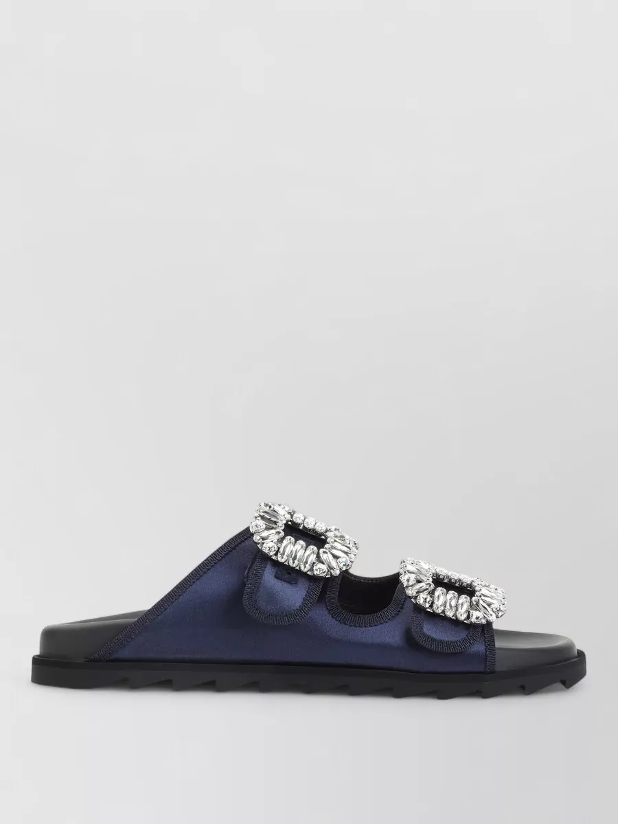 Roger Vivier Strass Buckle Double Strap Flat Mules In Blue