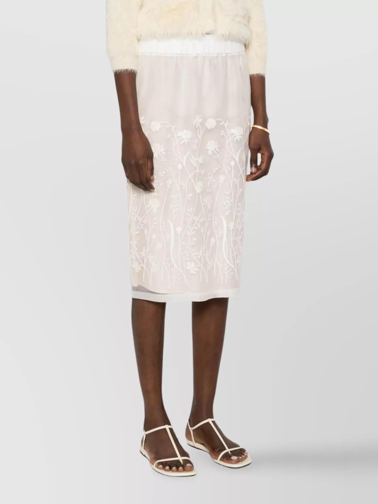 Parosh Floral-Embroidered Sheer Midi Skirt