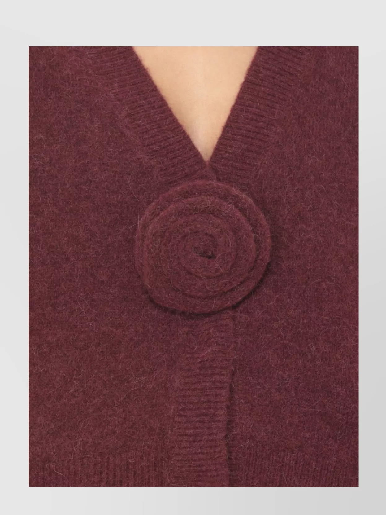 Rotate Birger Christensen Rotate Cropped Burgundy Sweater With Deep V-neckline And Floral Embellishment In Burgundy