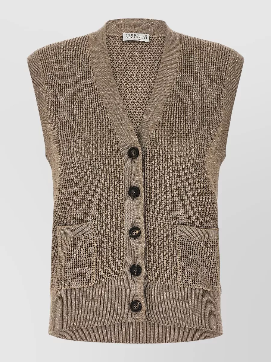 Brunello Cucinelli Knit Cotton Vest Sleeveless Design Pockets In Brown