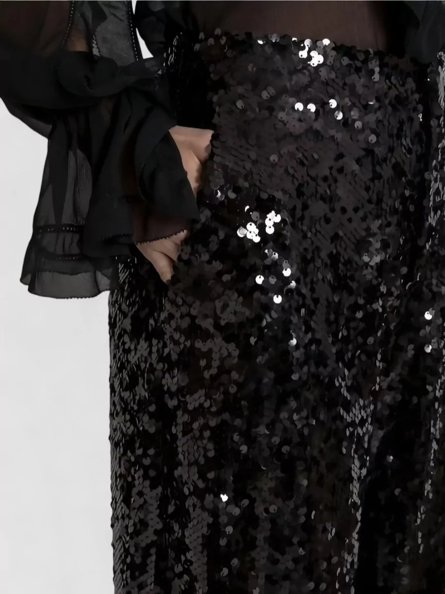 Alberta Ferretti High Waist Sequin Sheer Wide Leg Trousers