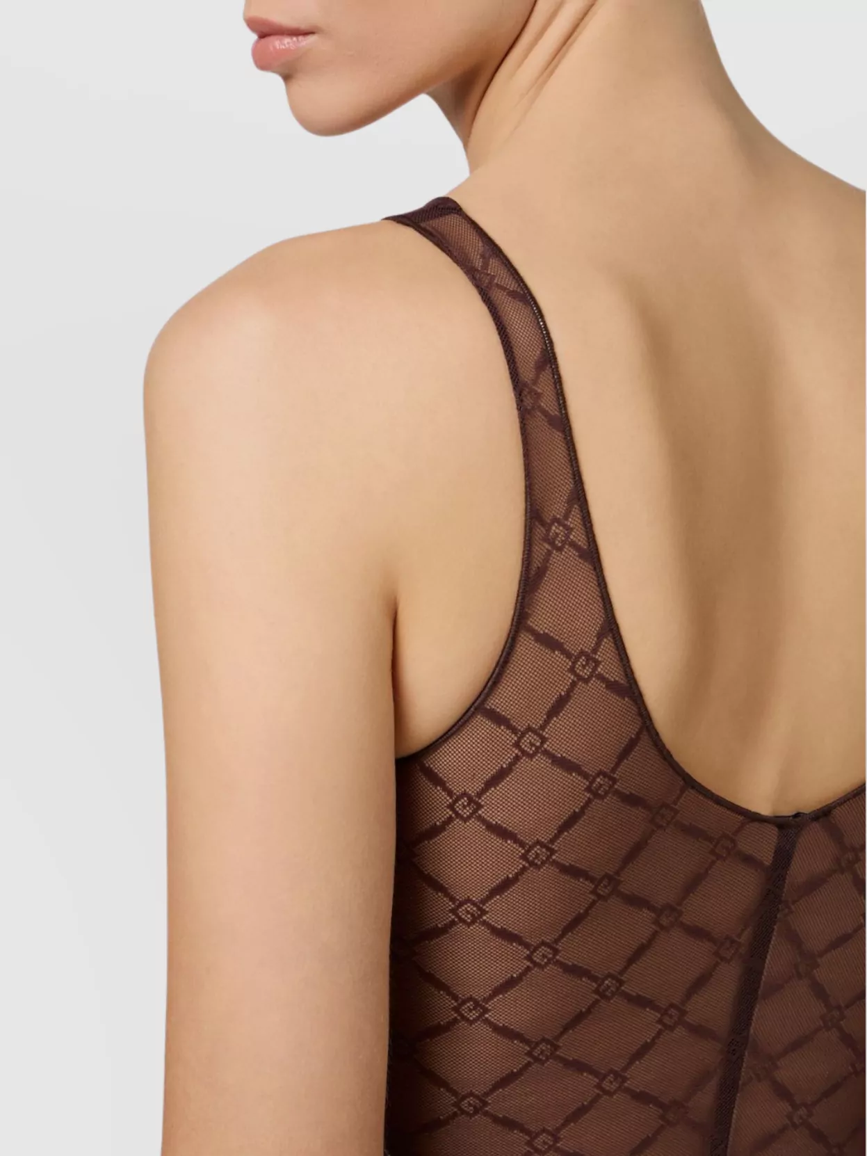 Elisabetta Franchi Bodysuit In Jacquard Tulle Fabric With Diamonds In Brown