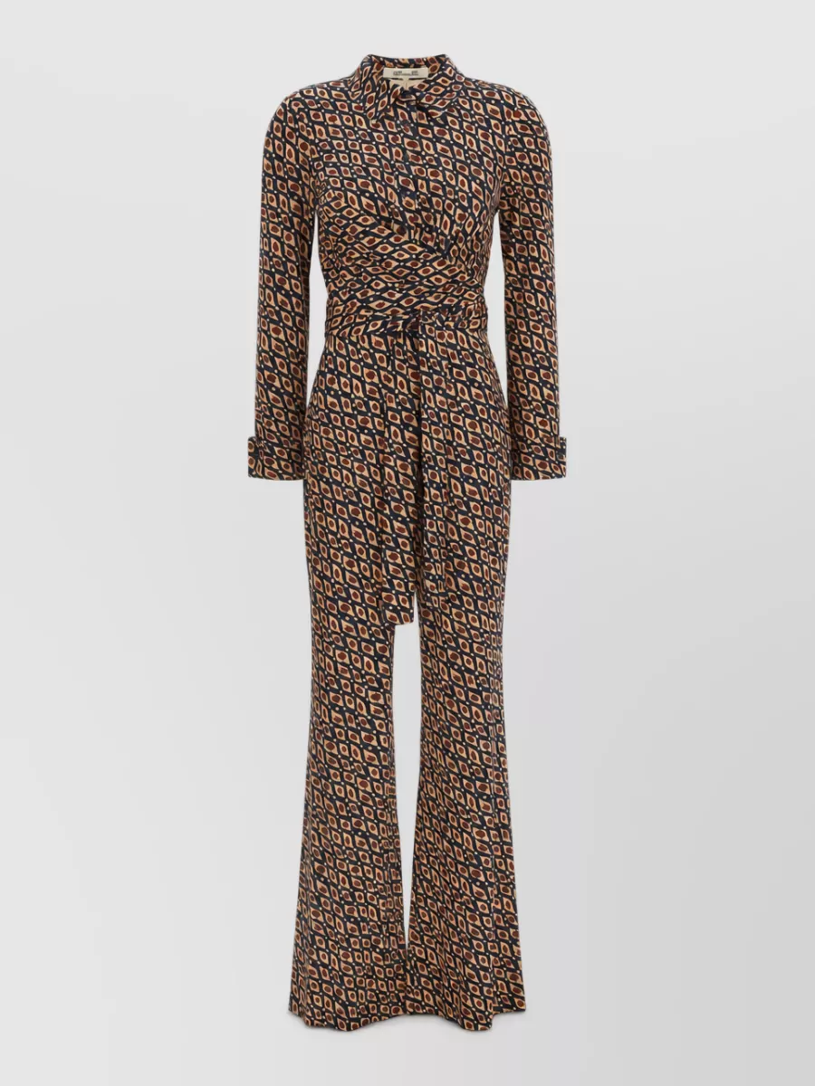 Diane Von Furstenberg printed long-sleeve shirt-collar belted flared jumpsuit