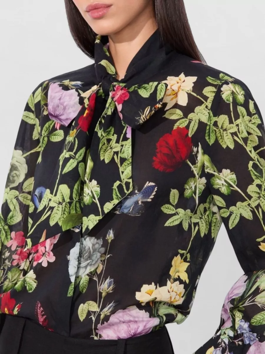 Alice + Olivia Floral-Print Pussy-Bow Cotton Blouse