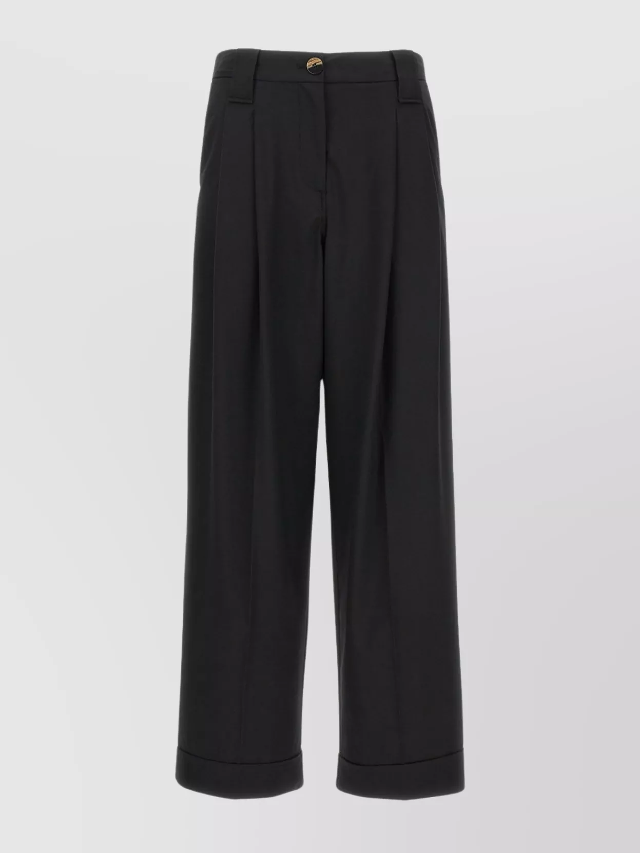 Ganni Wide Leg Cuffed Trousers With Side And Back Pockets In Black