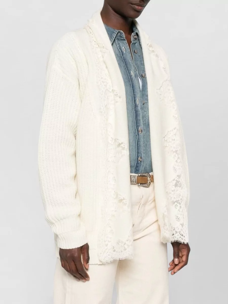 Ermanno Firenze Ribbed Knit Lace Trim Cardigan