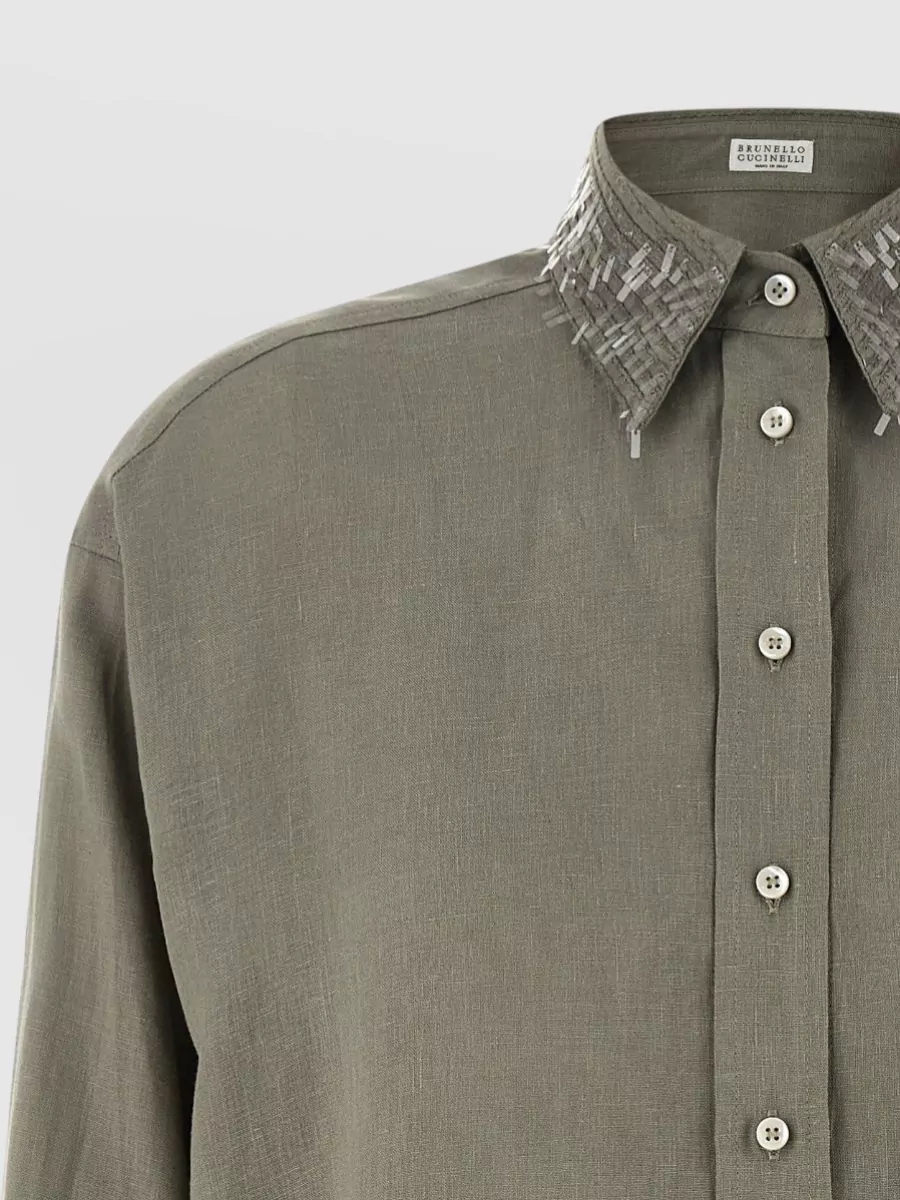 Brunello Cucinelli Linen Sequin-Embroidered Collar Shirt