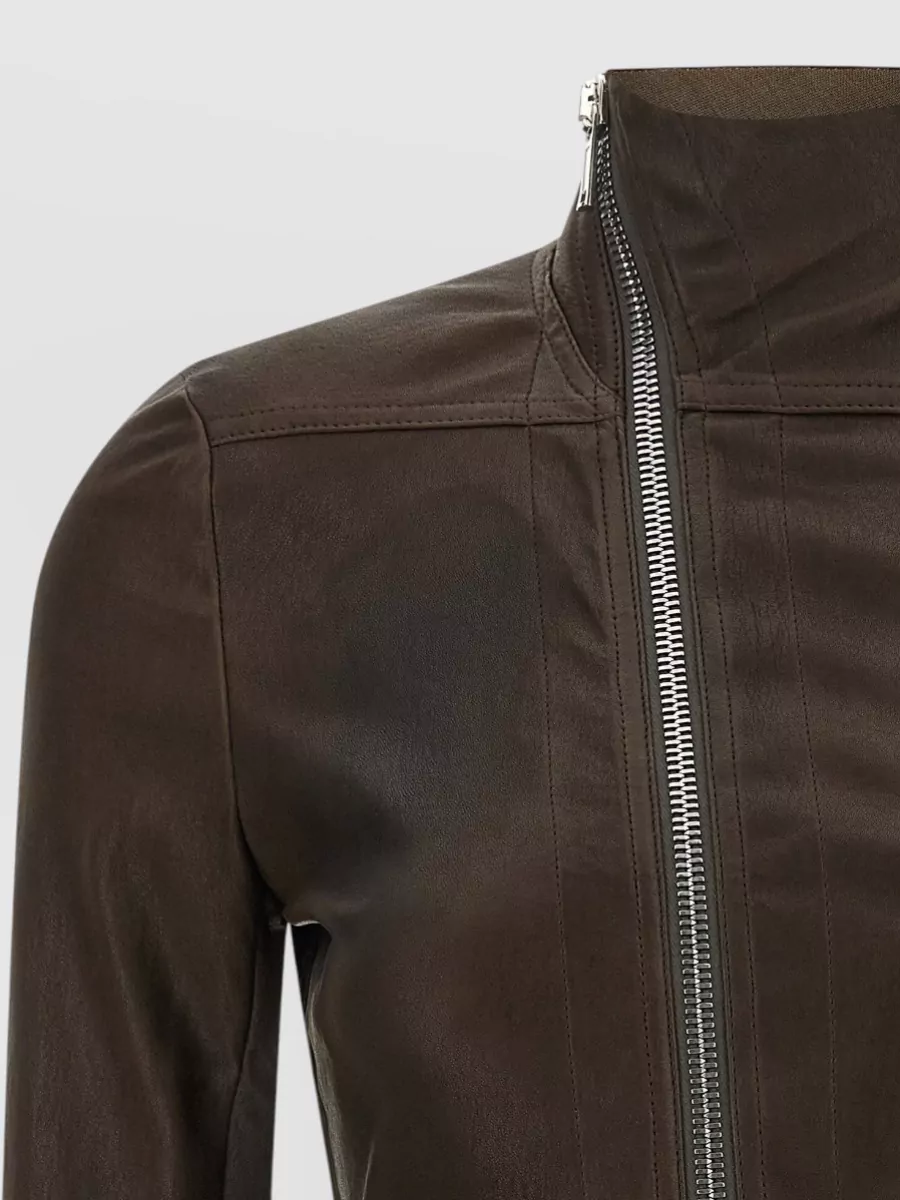 Rick Owens Leather High-Neck Asymmetric Zip Jacket