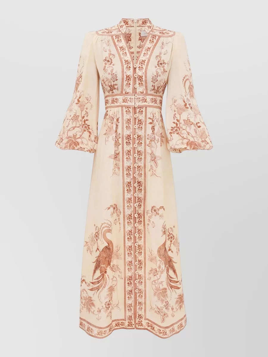 Zimmermann Linen floral-print long-sleeve v-neck maxi dress