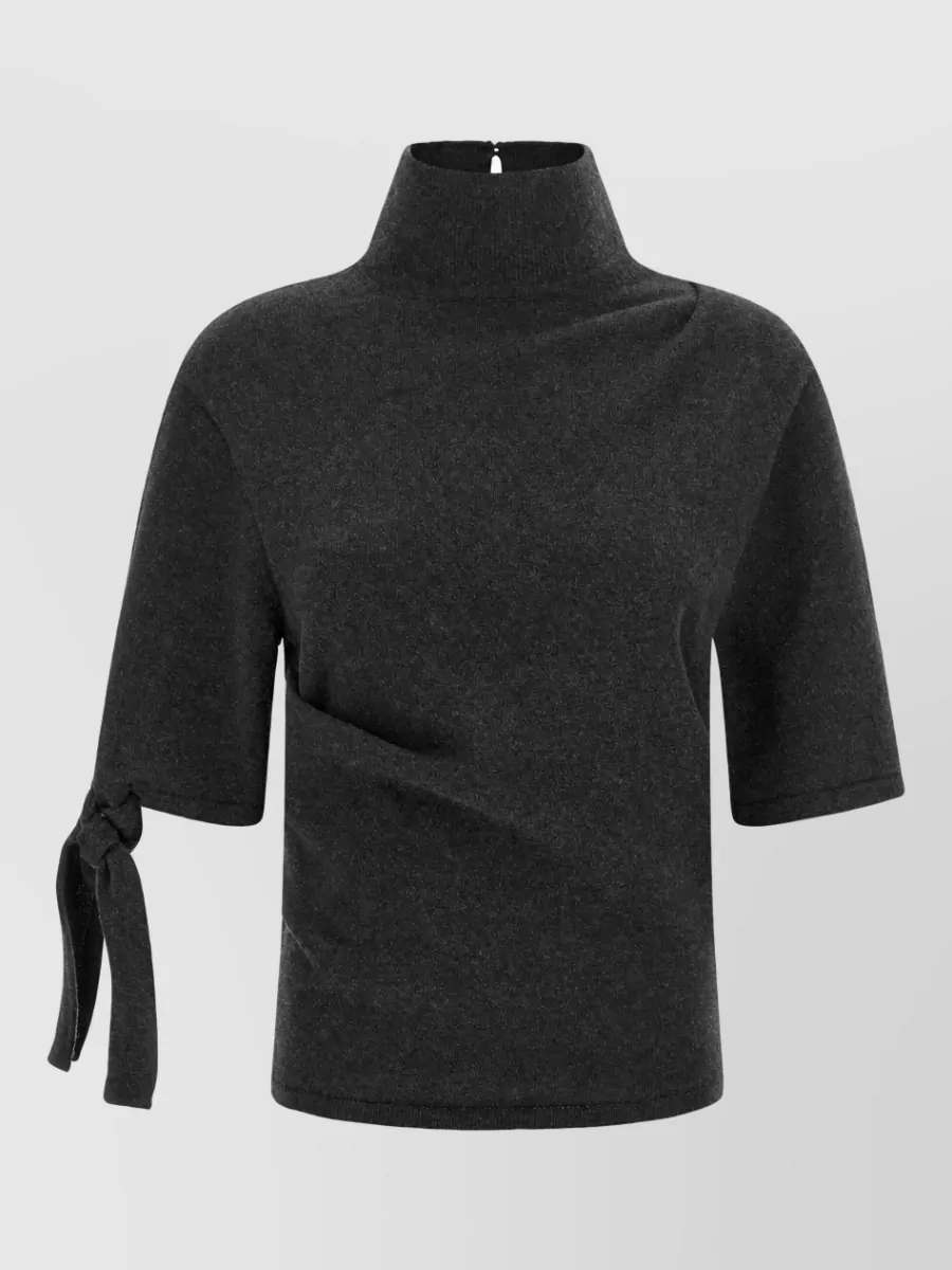Jacquemus Cashmere blend asymmetric draped short sleeve mock neck knitted top