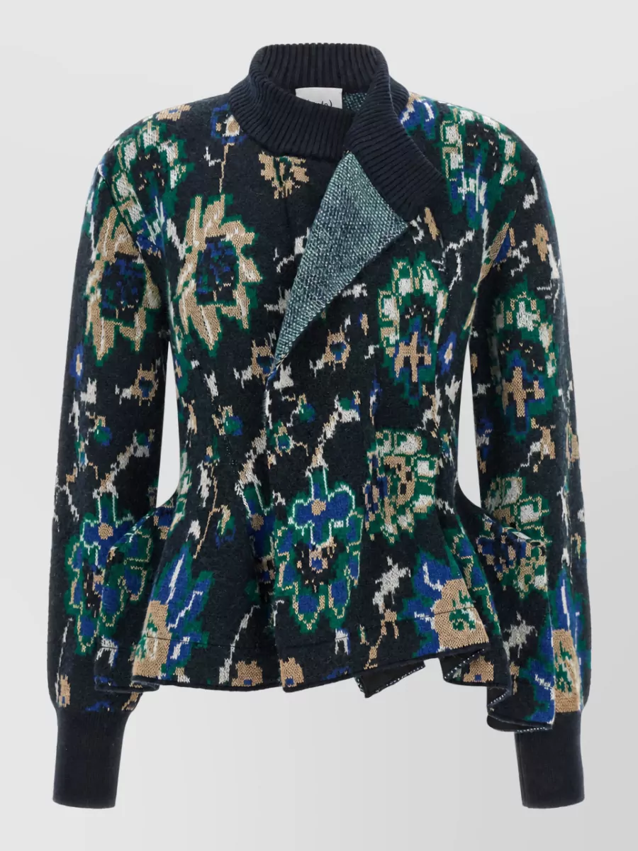 Nude jacquard-knit asymmetric wrap cardigan
