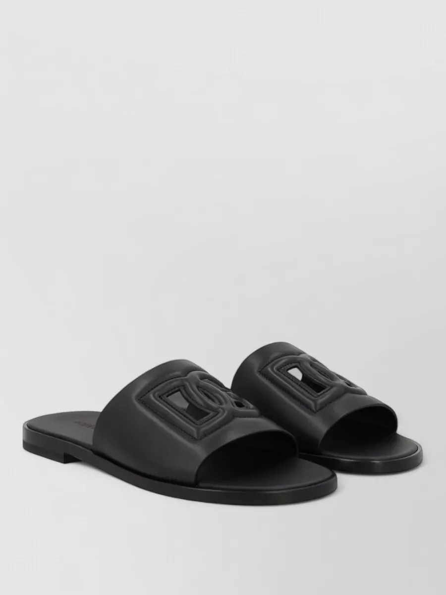 Dolce&Gabbana Leather Logo Slides Flat Sole Open Toe