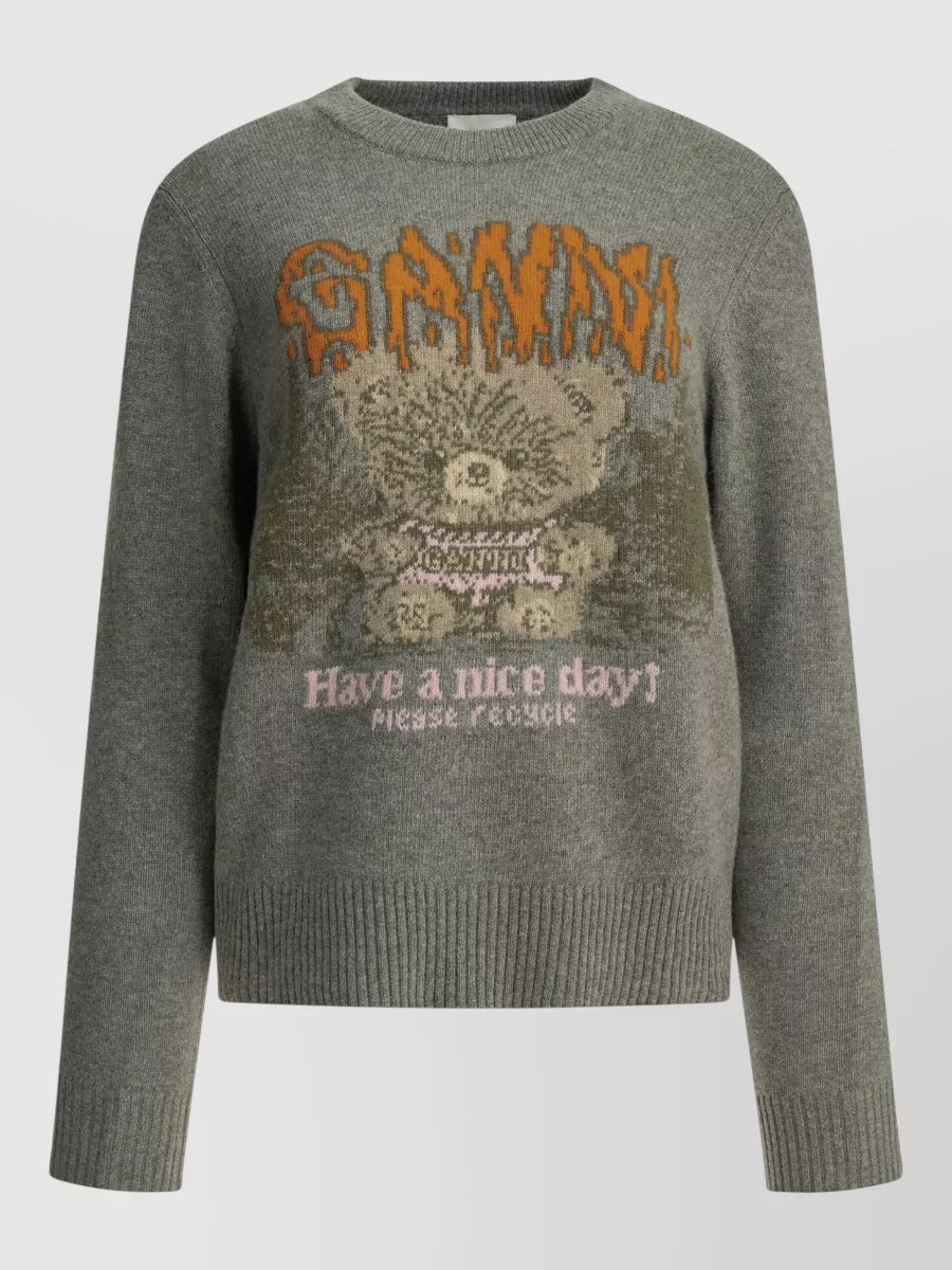 Ganni wool blend teddy intarsia crewneck sweater